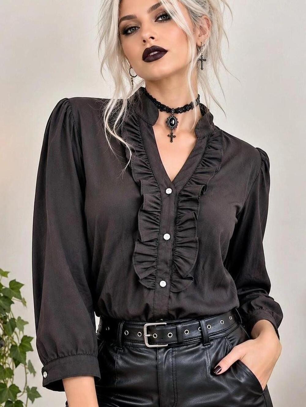 Antilia Femme black ruffle blouse with button up front and puffy sleeves. Size L